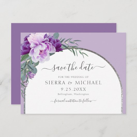 Save The Date Mariage Élégant Chic Fleurs Violettes Arche Argent (Devant / Derrière)