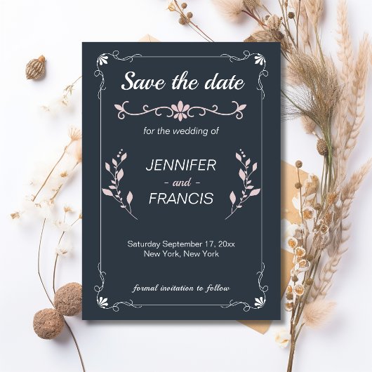 Save The Date Mariage Élégant Classe Navy et Rose