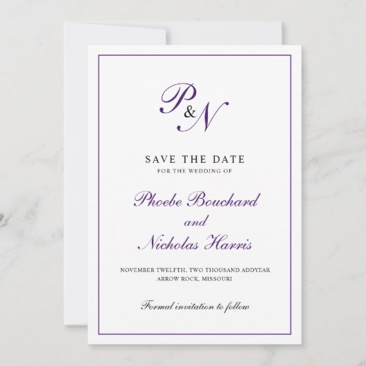 Save The Date Mariage Élégant Classique Royal Pourpre (Devant)