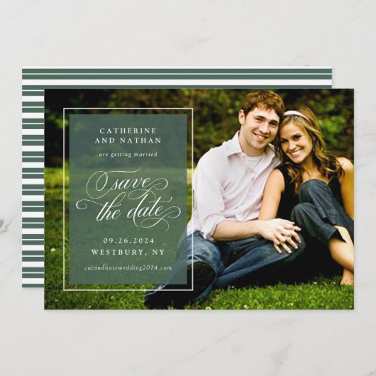 Save The Date Mariage Élégant Écriture Classique Blanc et Vert (Devant / Derrière)