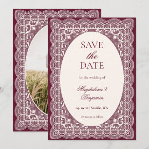 Save The Date Mariage Élégant en Dentelle d'Ivoire Vintage Burgu