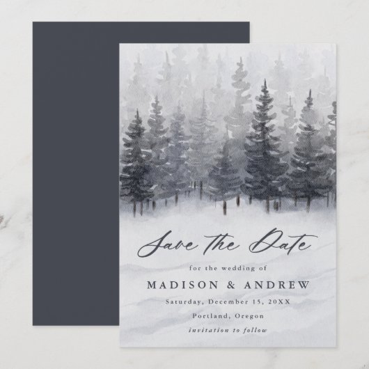 Save The Date Mariage Élégant en Forêt d'Hiver (Devant / Derrière)