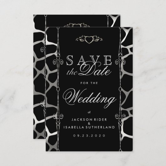 Save The Date Mariage élégant en Motif Silver & Black Giraffe (Devant / Derrière)