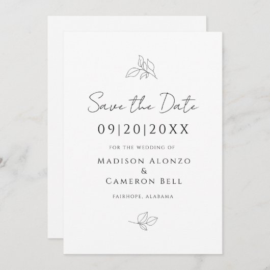 Save The Date Mariage élégant Feuilles botaniques noir blanc chi (Devant / Derrière)