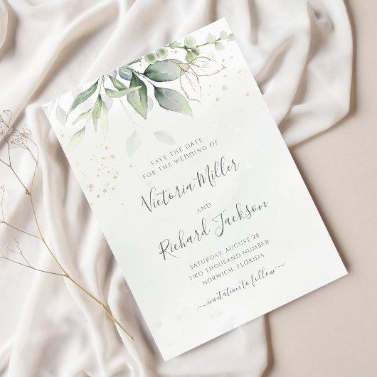 Save The Date Mariage élégant feuilles d'or de verdure d'eucalyp