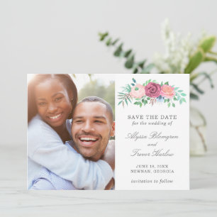 Save The Date Mariage Élégant Fleur Bleu Poussiéreux Moderne