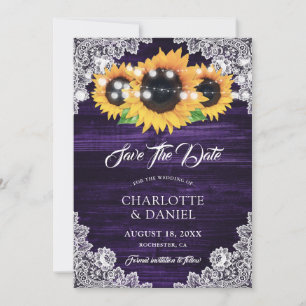 Save The Date Mariage Élégant Fleur de Tournesol en Bois Violet