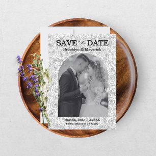Save The Date Mariage Élégant Fleur Rose Noir Blanc