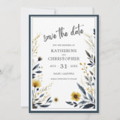Save The Date Mariage élégant Fleur sauvage jaune bleu (Devant)