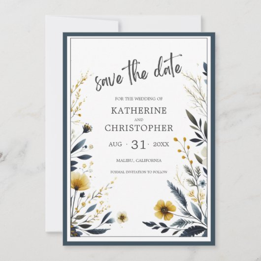 Save The Date Mariage élégant Fleur sauvage jaune bleu (Devant)