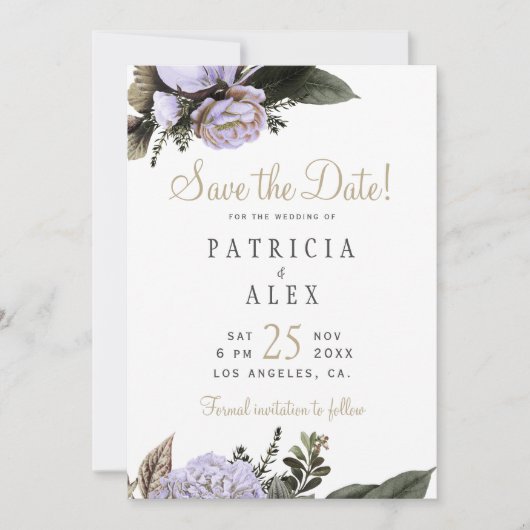 Save The Date Mariage élégant fleuri violet pastel enregistrer l (Devant)