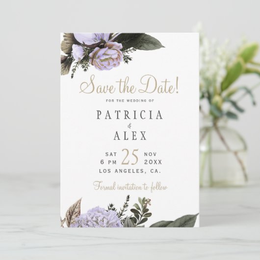 Save The Date Mariage élégant fleuri violet pastel enregistrer l (Debout devant)