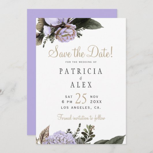 Save The Date Mariage élégant fleuri violet pastel enregistrer l (Devant / Derrière)