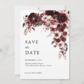 Save The Date Mariage Élégant Fleurs de Rose Rouge Bourgogne (Dos)