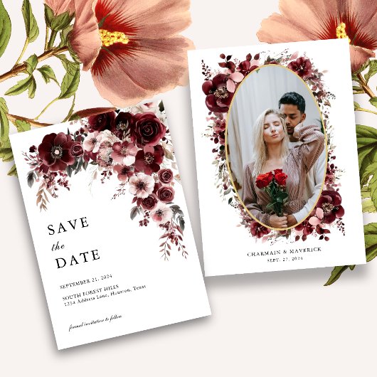 Save The Date Mariage Élégant Fleurs de Rose Rouge Bourgogne