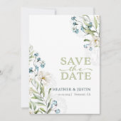 Save The Date Mariage élégant, fleurs vertes et blanches (Devant)