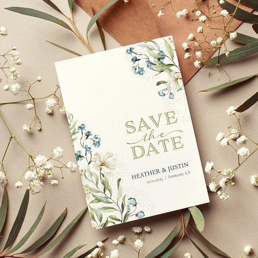 Save The Date Mariage élégant, fleurs vertes et blanches