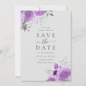 Save The Date Mariage Élégant Fleurs Violet Lavande & Argent  (Devant)