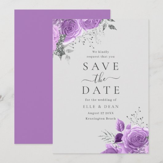 Save The Date Mariage Élégant Fleurs Violet Lavande & Argent  (Devant / Derrière)