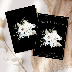 Save The Date Mariage Élégant Floral Blanc Hiver Noir