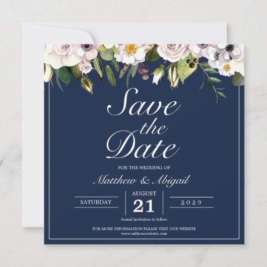 Save The Date Mariage élégant floral bleu marine (Devant)