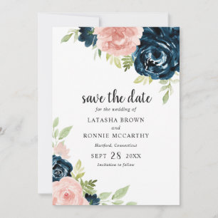 Save The Date Mariage Élégant Floral Rose Pâle et Bleu Marine