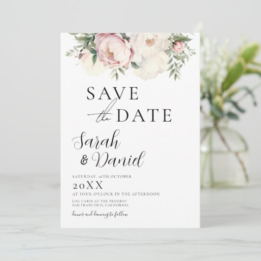 Save The Date Mariage Élégant Floral Rose Pêche (Debout devant)