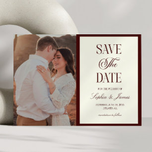 Save The Date Mariage Élégant Foncé Bourgogne Ivoire Image