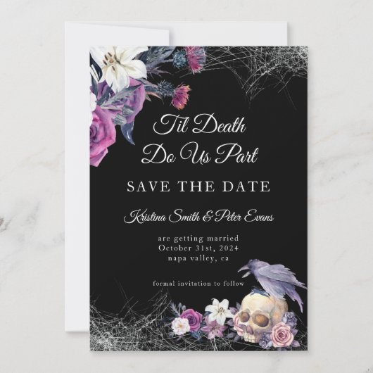 Save The Date Mariage élégant gothique noir et violet à motif fl (Devant)