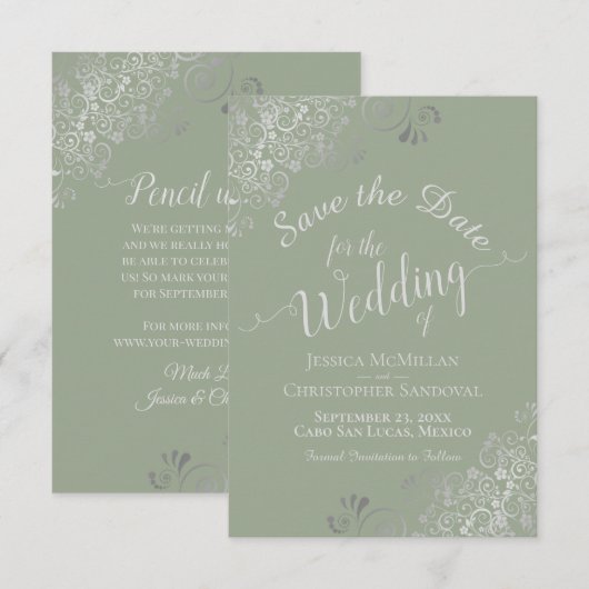 Save The Date Mariage Élégant Gris Argent Boucles Sage Vert (Devant / Derrière)