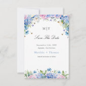 Save The Date Mariage Élégant Hydrangea Bleu Bordure Monogramme (Devant)