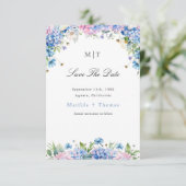 Save The Date Mariage Élégant Hydrangea Bleu Bordure Monogramme (Debout devant)