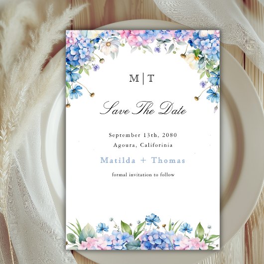 Save The Date Mariage Élégant Hydrangea Bleu Bordure Monogramme