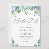 Save The Date Mariage Élégant Hydrangea Bleu Verdure (Devant)