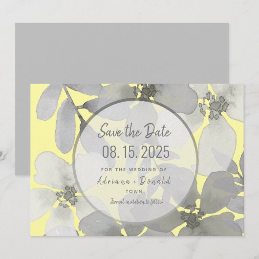 Save The Date Mariage élégant jaune et gris (Devant / Derrière)