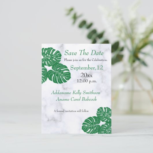 Save The Date Mariage Elégant Marbre Moderne Feuilles tropicaux, (Debout devant)