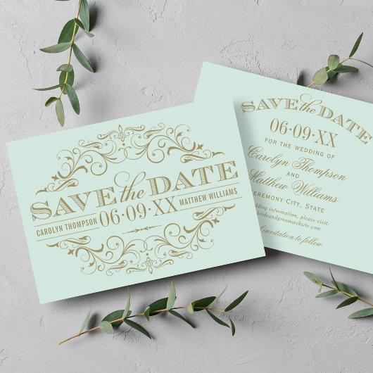 Save The Date Mariage Élégant Menthe Orné de Flourishes en Or