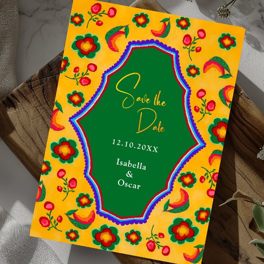 Save The Date Mariage élégant mexicain vibrant jaune bleu