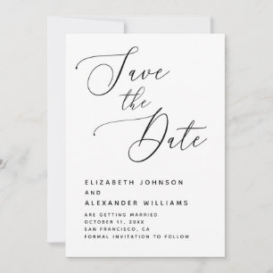 Save The Date Mariage Élégant Minimaliste. Écriture Noir & Blanc