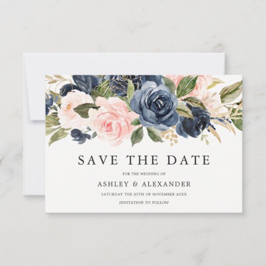 Save The Date Mariage Élégant Moderne Bleu Marine & Blush Toutes (Devant)