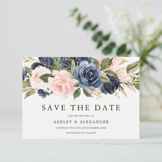Save The Date Mariage Élégant Moderne Bleu Marine & Blush Toutes (Debout devant)