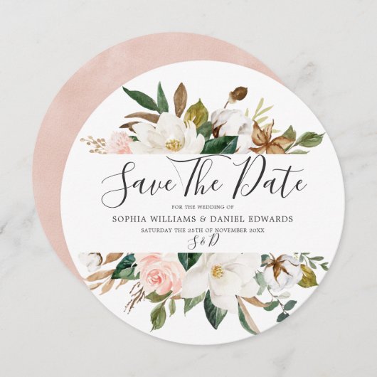Save The Date Mariage Élégant Moderne Fleurs Blanches et Rosées (Devant / Derrière)