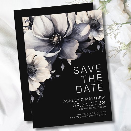 Save The Date Mariage Élégant Moderne Fleurs Noires