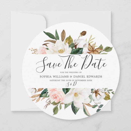 Save The Date Mariage Élégant Moderne Fleurs Roses et Blanches (Devant)
