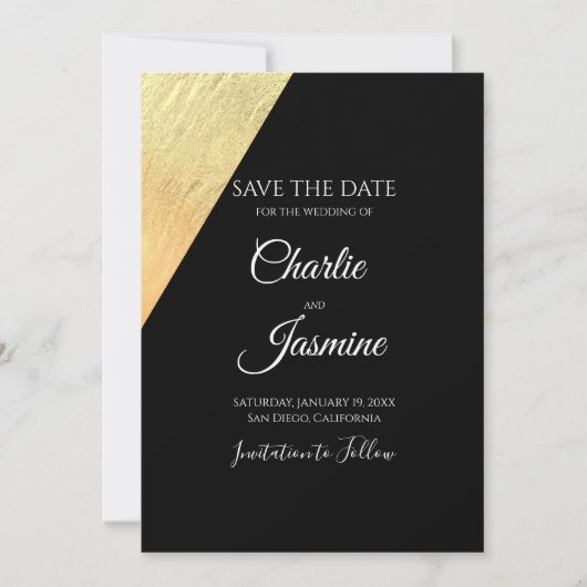 Save The Date Mariage élégant moderne noir et or feuille (Devant)