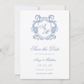 Save The Date Mariage Élégant Monogramme Bleu Poussiéreux Blason (Devant)