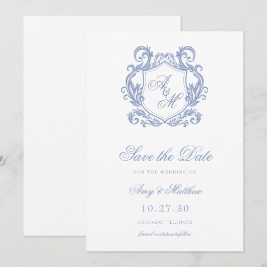 Save The Date Mariage Élégant Monogramme Bleu Poussiéreux Blason (Devant / Derrière)