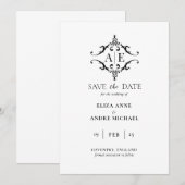Save The Date Mariage Élégant Monogramme Crête Noir & Blanc  (Devant / Derrière)