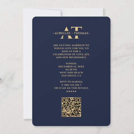 Save The Date Mariage élégant Monogramme d'or Dark Navy QR moder (Dos)