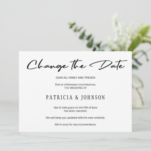 Save The Date Mariage élégant noir et blanc changement de date (Debout devant)